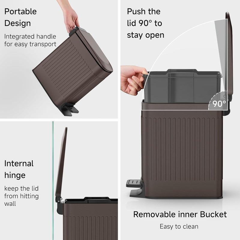 TIPGO Slim Bathroom Trash Can with Lid Soft Close, Step Pedal, 6 Liter / 1.6 Gallon Stainless Steel Trash Bin, Small Garbage Cans for Bedroom, Office, Kitchen (Brown) - Image 5